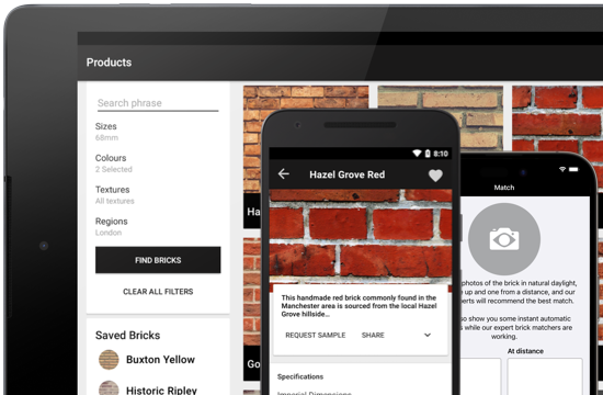 Brick searcher app shown on Android Tablet, Android Smartphone and iPhone